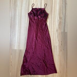 Vintage Be Smart Burgundy Satin Maxi Dress with Velvet Floral Detailing